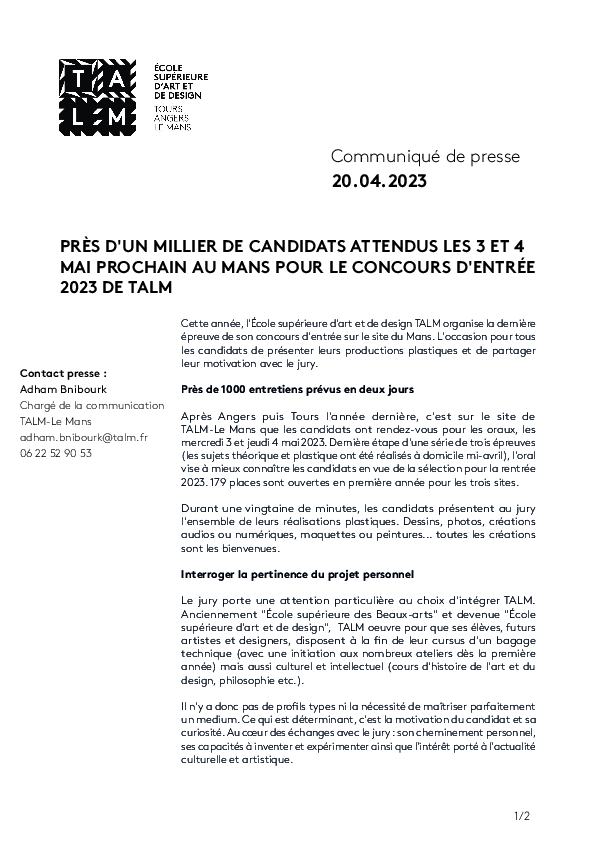 Communiqu De Presse Oral Concours D Entr E Talm Cole